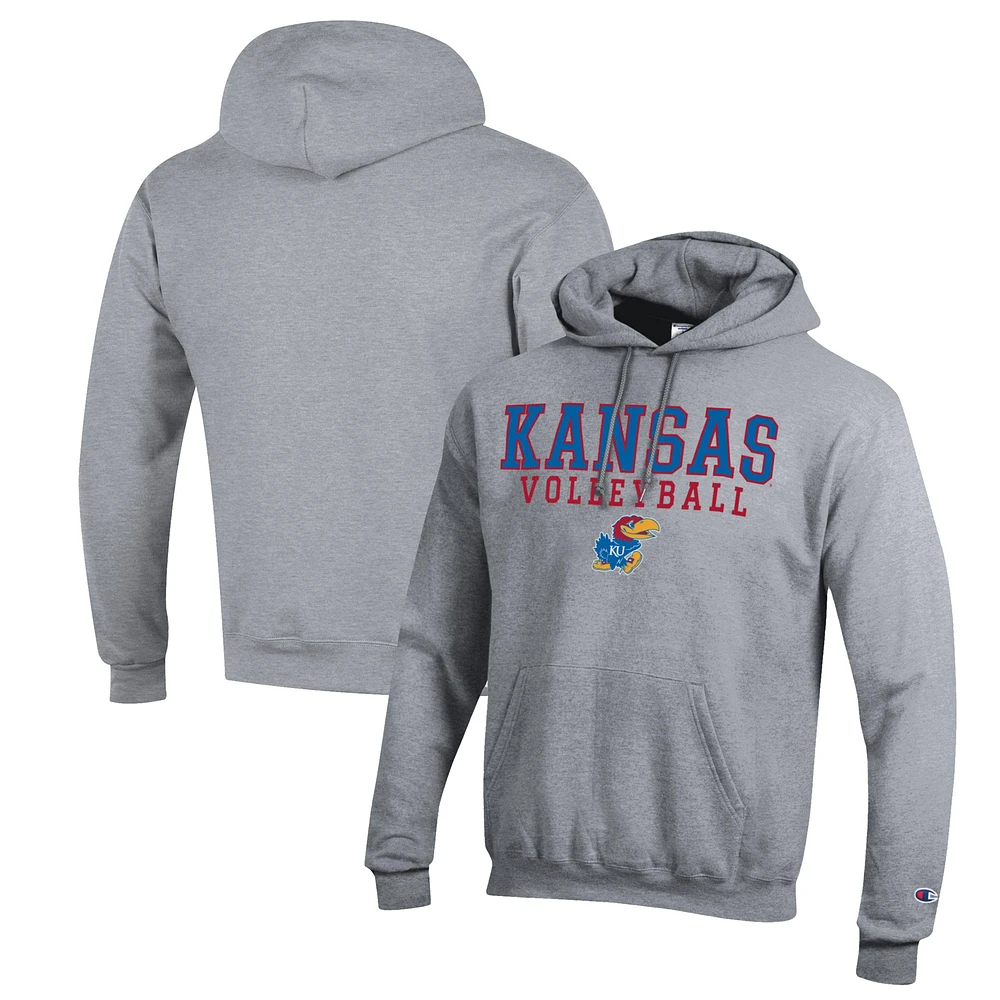 Men's Champion Heather Gray Kansas Jayhawks Stack Logo Volleyball Powerblend Pullover Hoodie