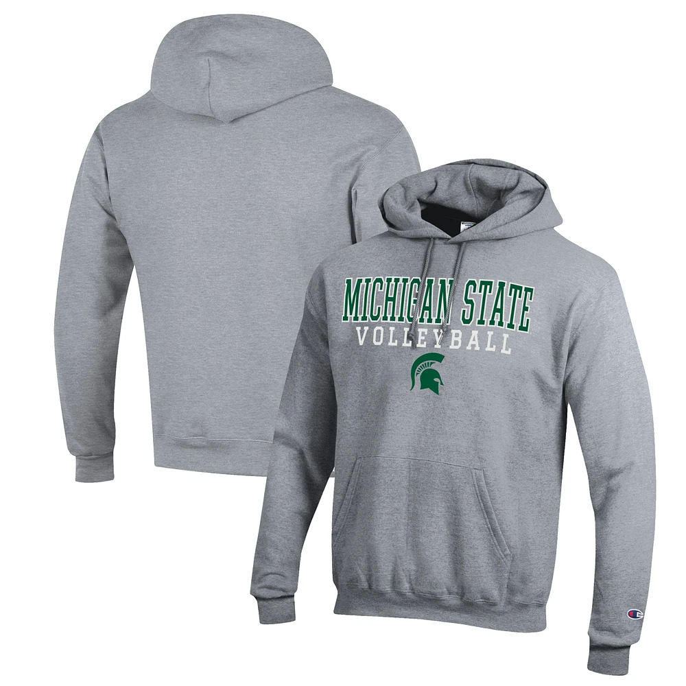 Men's Champion Heather Gray Michigan State Spartans Stack Logo Volleyball Powerblend Pullover Hoodie