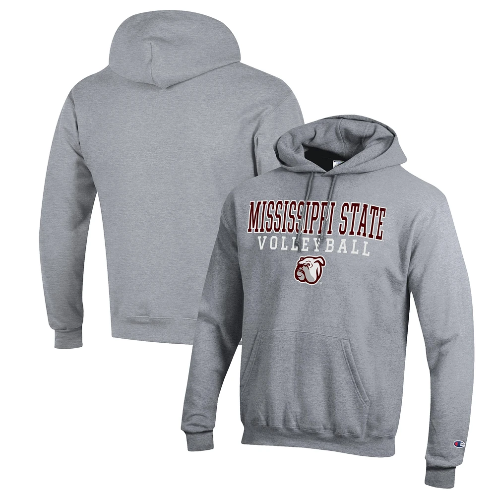 Men's Champion Heather Gray Mississippi State Bulldogs Stack Logo Volleyball Powerblend Pullover Hoodie