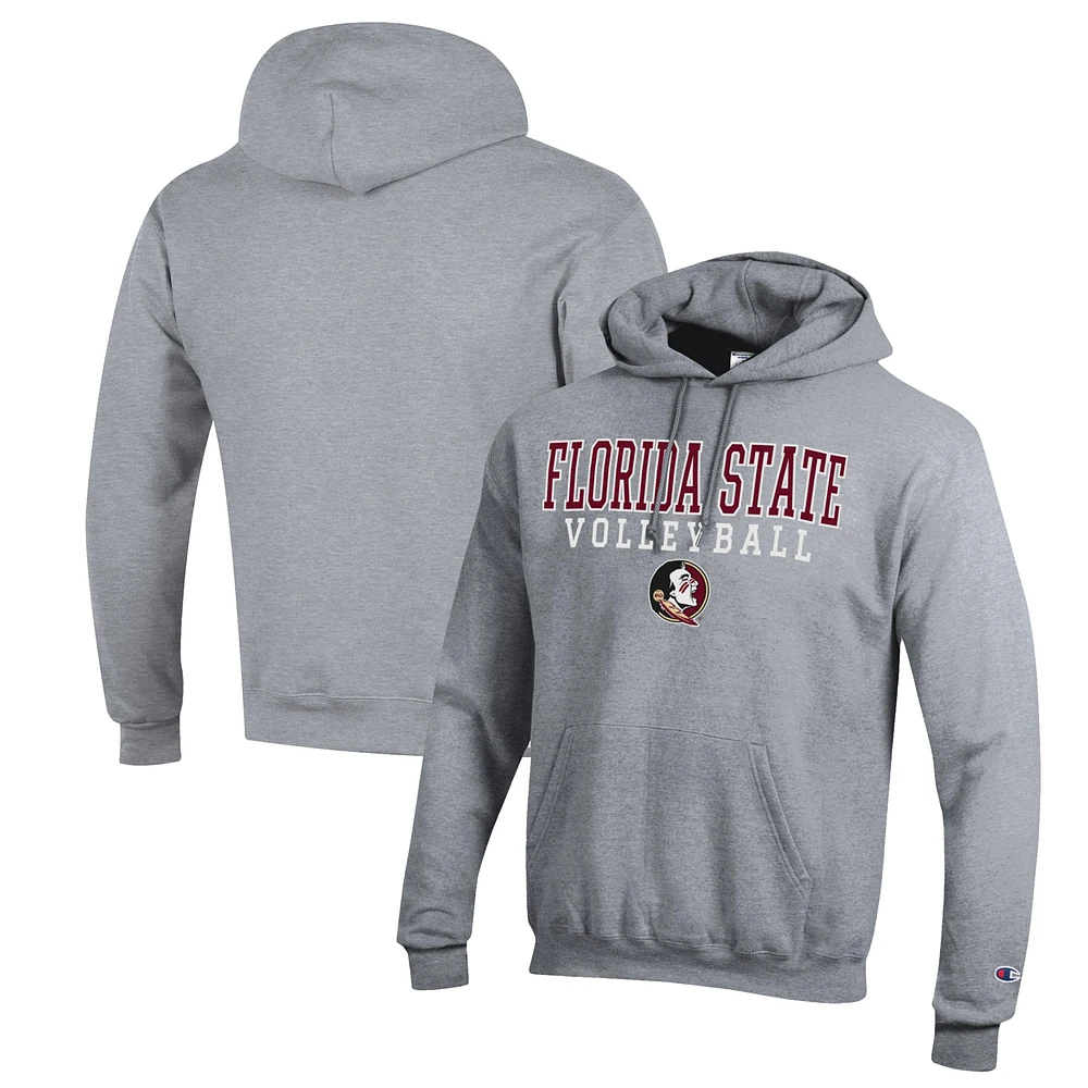 Men's Champion Heather Gray Florida State Seminoles Stack Logo Volleyball Powerblend Pullover Hoodie