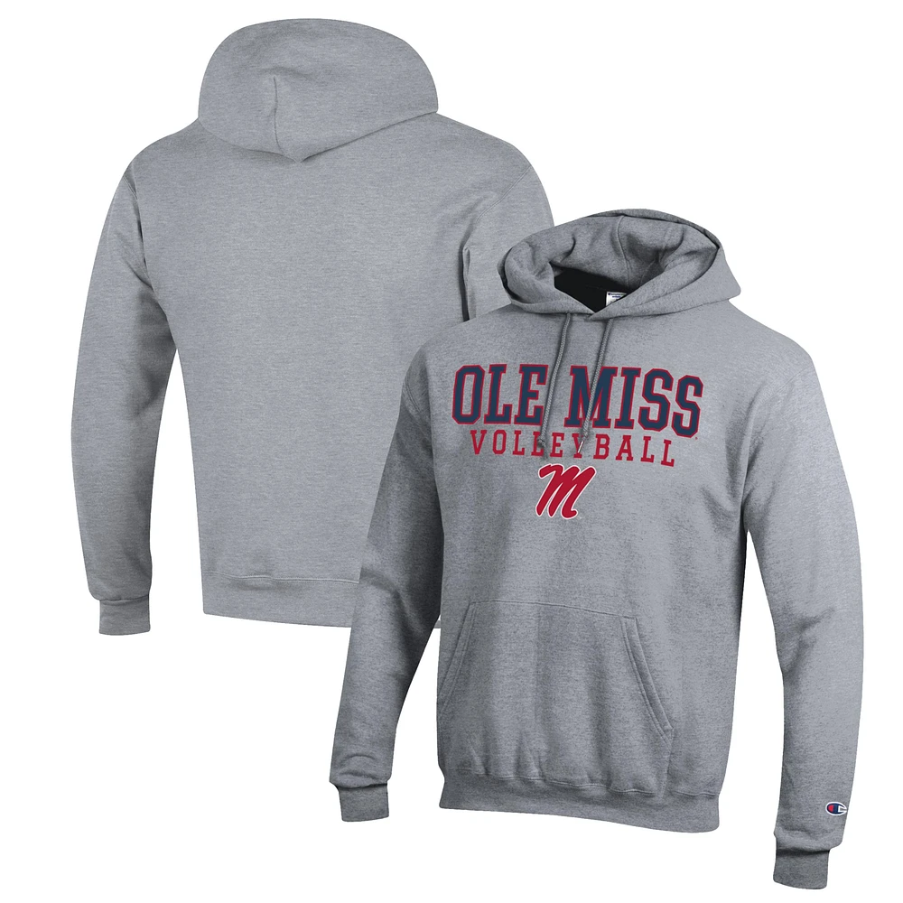 Men's Champion Heather Gray Ole Miss Rebels Stack Logo Volleyball Powerblend Pullover Hoodie