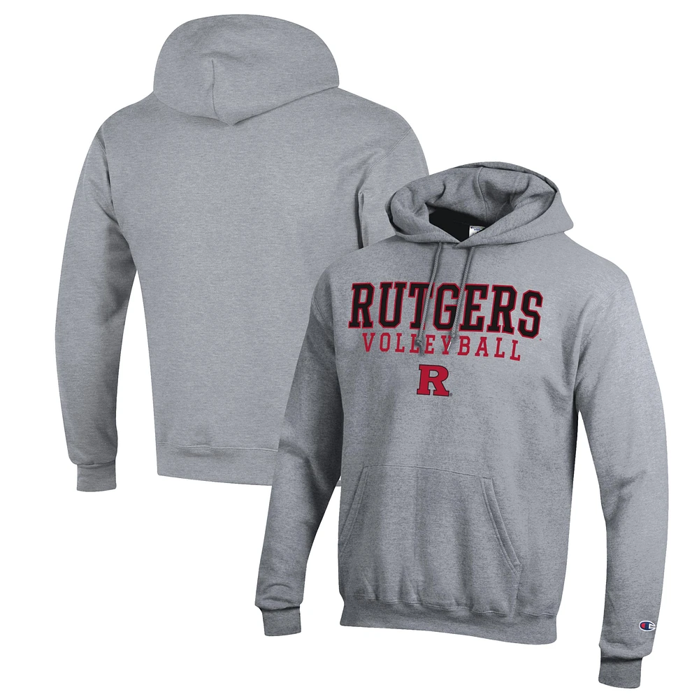 Men's Champion Heather Gray Rutgers Scarlet Knights Stack Logo Volleyball Powerblend Pullover Hoodie