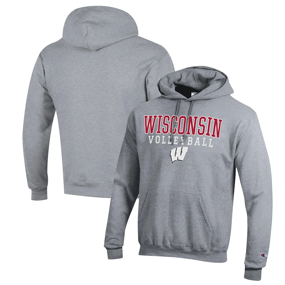 Men's Champion Heather Gray Wisconsin Badgers Stack Logo Volleyball Powerblend Pullover Hoodie