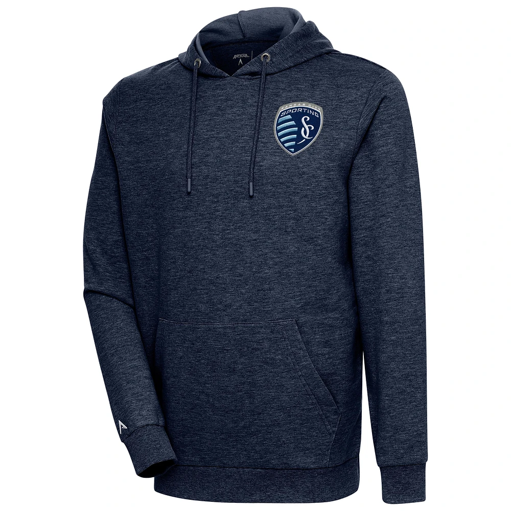 Men's Antigua Heather Navy Sporting Kansas City Logo Action Pullover Hoodie