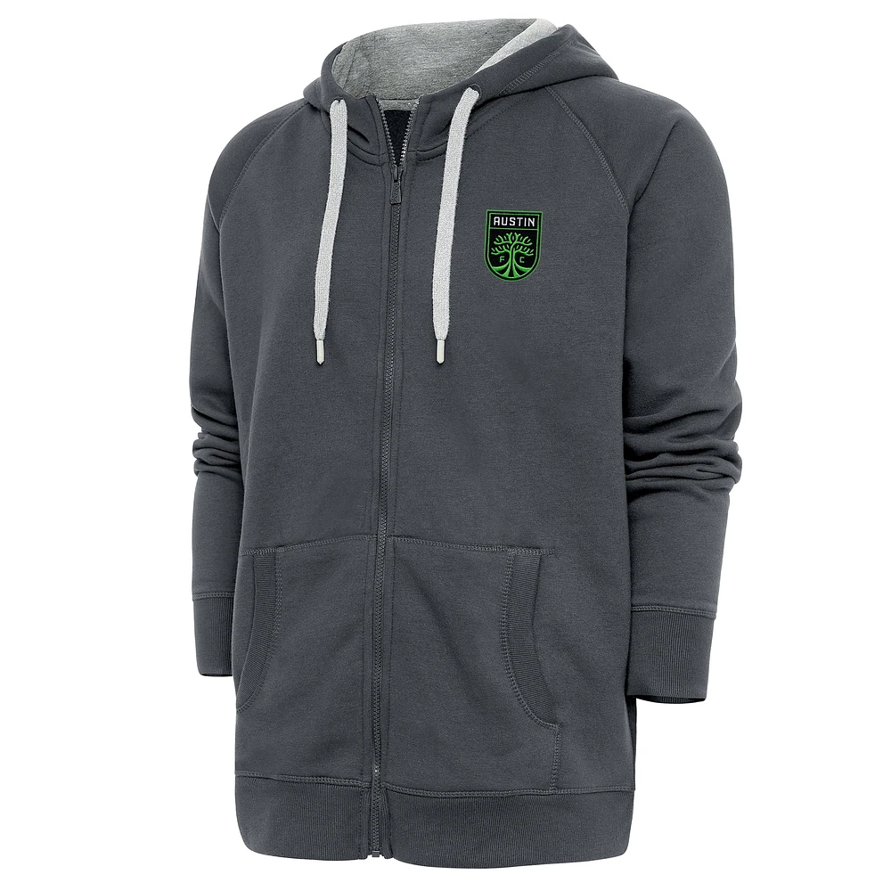 Men's Antigua Charcoal Austin FC Logo Victory Full-Zip Hoodie