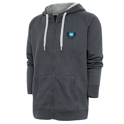 Men's Antigua Charcoal Charlotte FC Logo Victory Full-Zip Hoodie