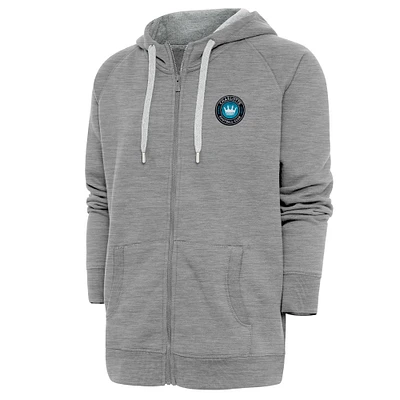 Men's Antigua Heather Gray Charlotte FC Logo Victory Full-Zip Hoodie