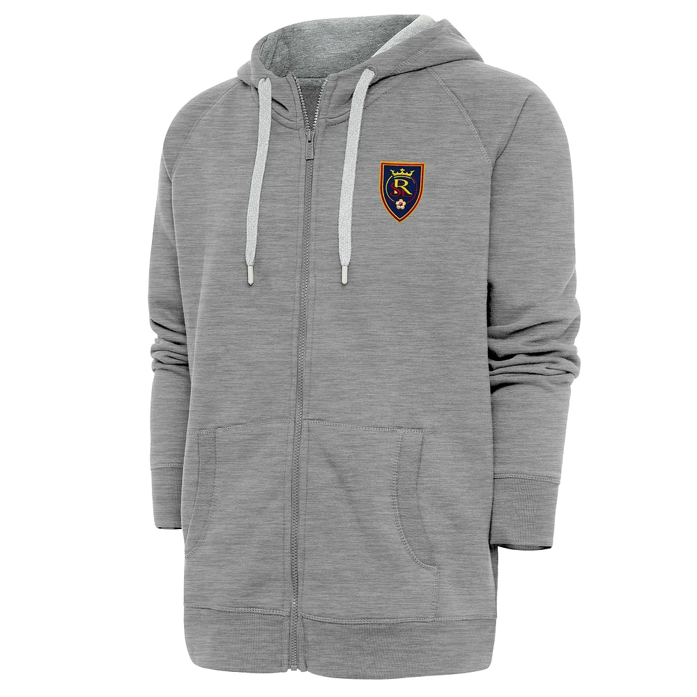 Men's Antigua Heather Gray Real Salt Lake Logo Victory Full-Zip Hoodie
