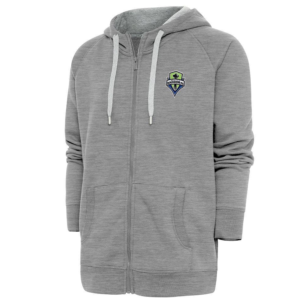 Men's Antigua Heather Gray Seattle Sounders FC Logo Victory Full-Zip Hoodie