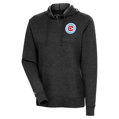 Women's Antigua Heather Black Chicago Fire Logo Action Pullover Hoodie