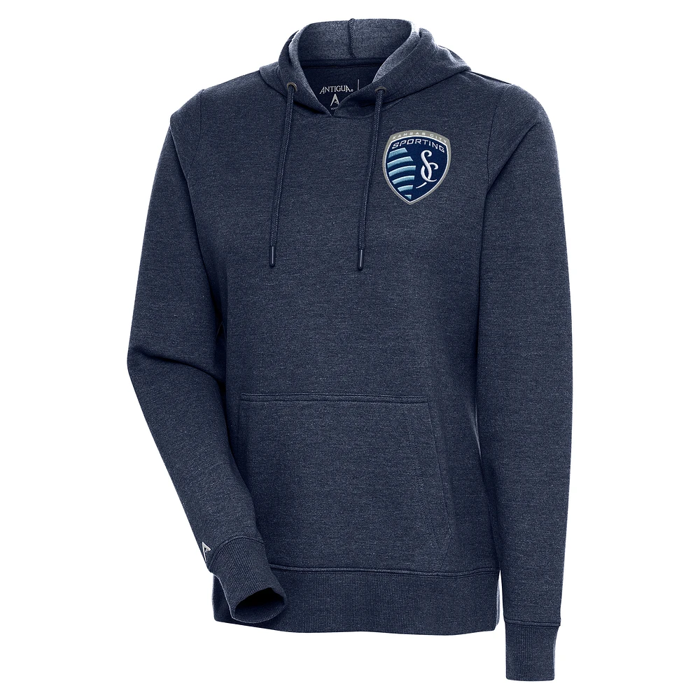 Women's Antigua Heather Navy Sporting Kansas City Logo Action Pullover Hoodie