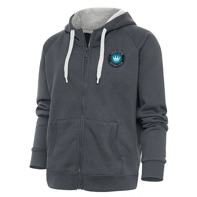 Women's Antigua Charcoal Charlotte FC Logo Victory Full-Zip Hoodie