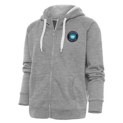 Women's Antigua Heather Gray Charlotte FC Logo Victory Full-Zip Hoodie