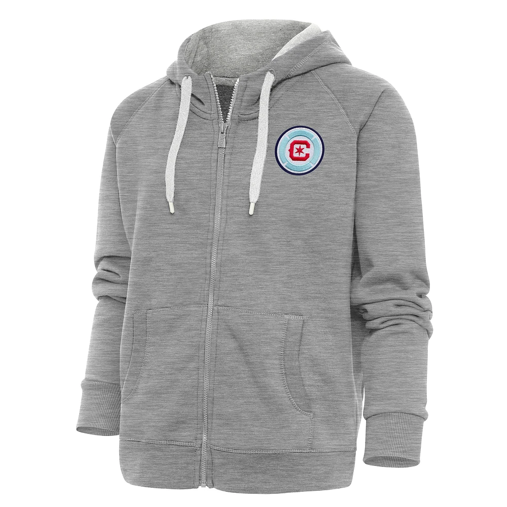 Women's Antigua Heather Gray Chicago Fire Logo Victory Full-Zip Hoodie