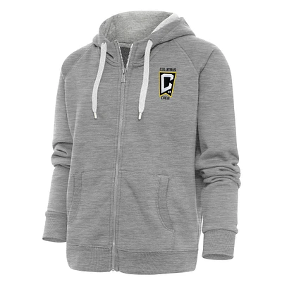 Women's Antigua Heather Gray Columbus Crew Logo Victory Full-Zip Hoodie