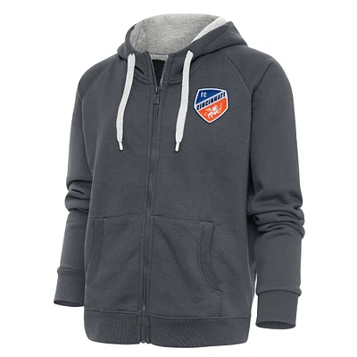 Women's Antigua Charcoal FC Cincinnati Logo Victory Full-Zip Hoodie