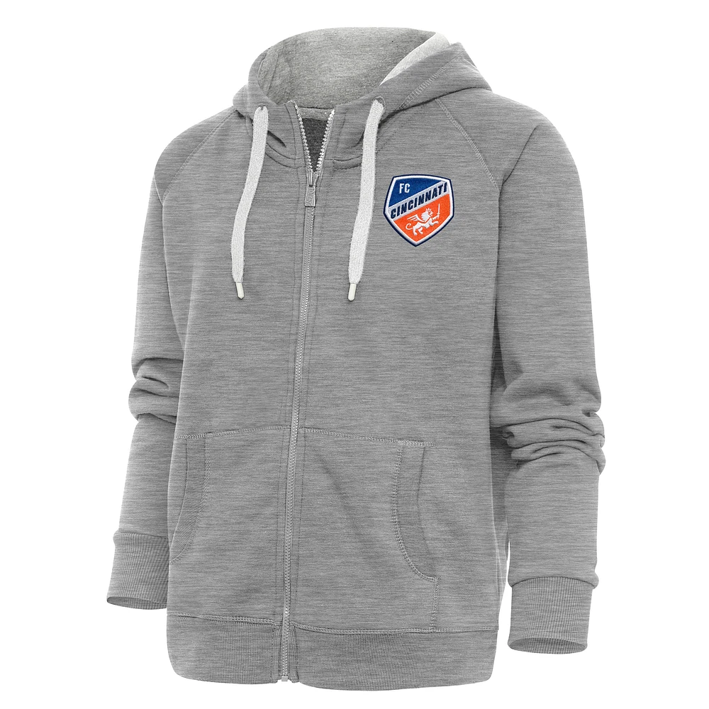 Women's Antigua Heather Gray FC Cincinnati Logo Victory Full-Zip Hoodie