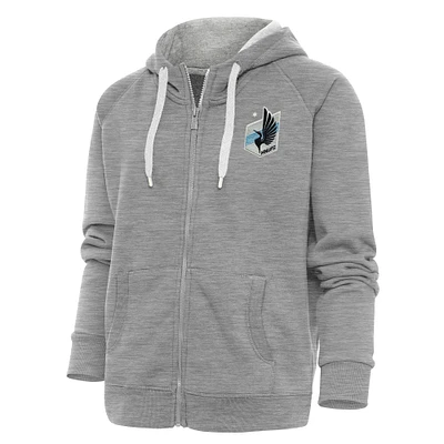 Women's Antigua Heather Gray Minnesota United FC Logo Victory Full-Zip Hoodie