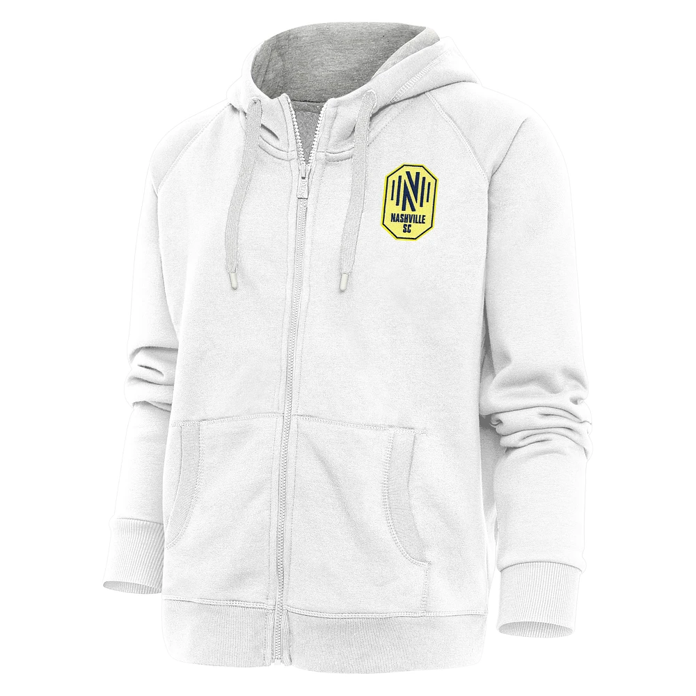 Women's Antigua White Nashville SC Logo Victory Full-Zip Hoodie
