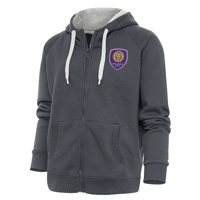 Women's Antigua Charcoal Orlando City SC Logo Victory Full-Zip Hoodie