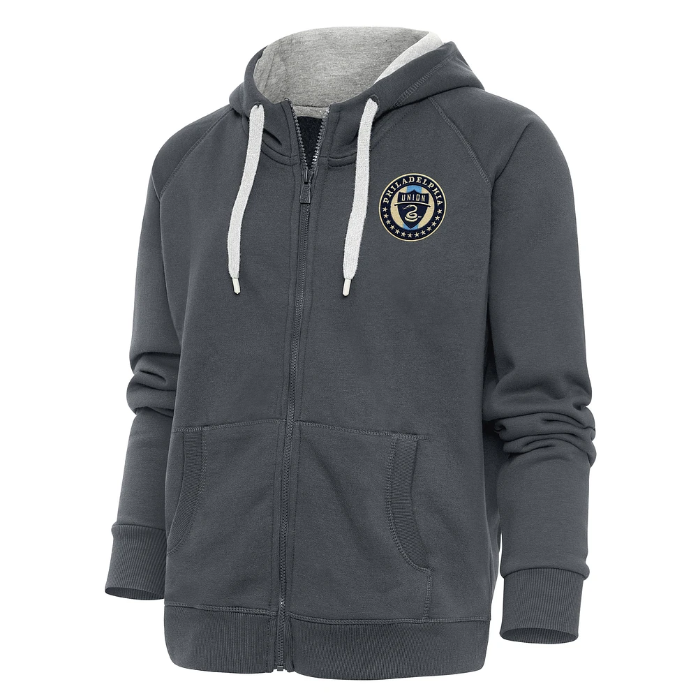 Women's Antigua Charcoal Philadelphia Union Logo Victory Full-Zip Hoodie