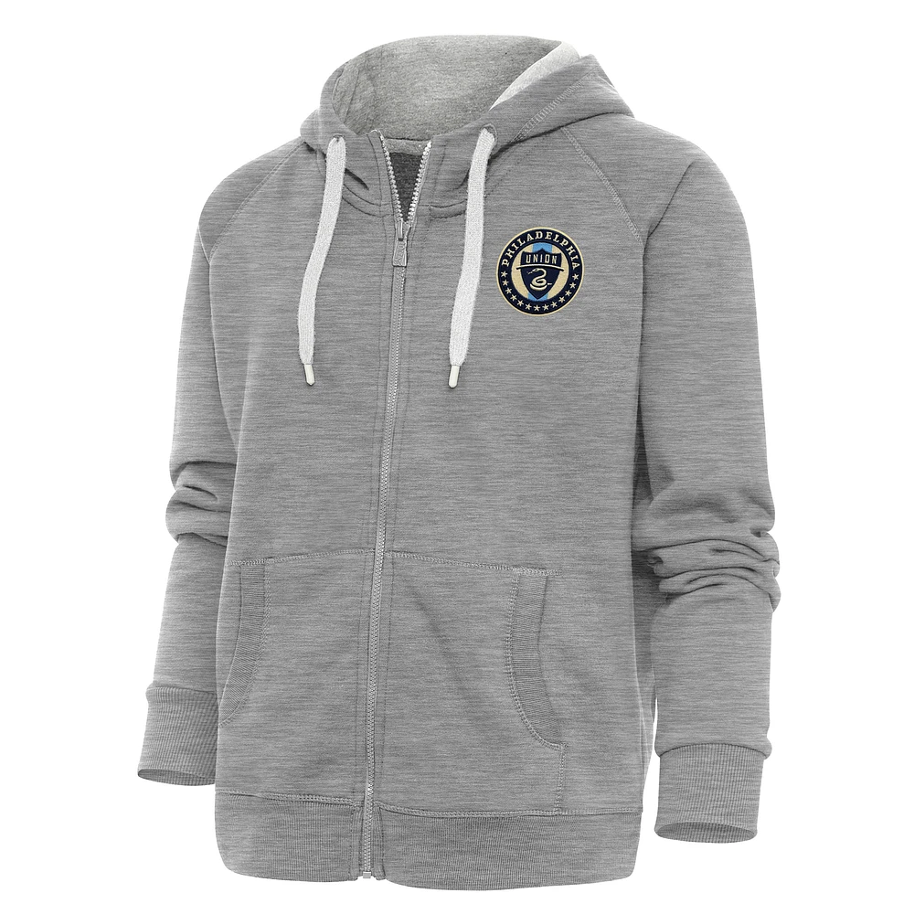 Women's Antigua Heather Gray Philadelphia Union Logo Victory Full-Zip Hoodie