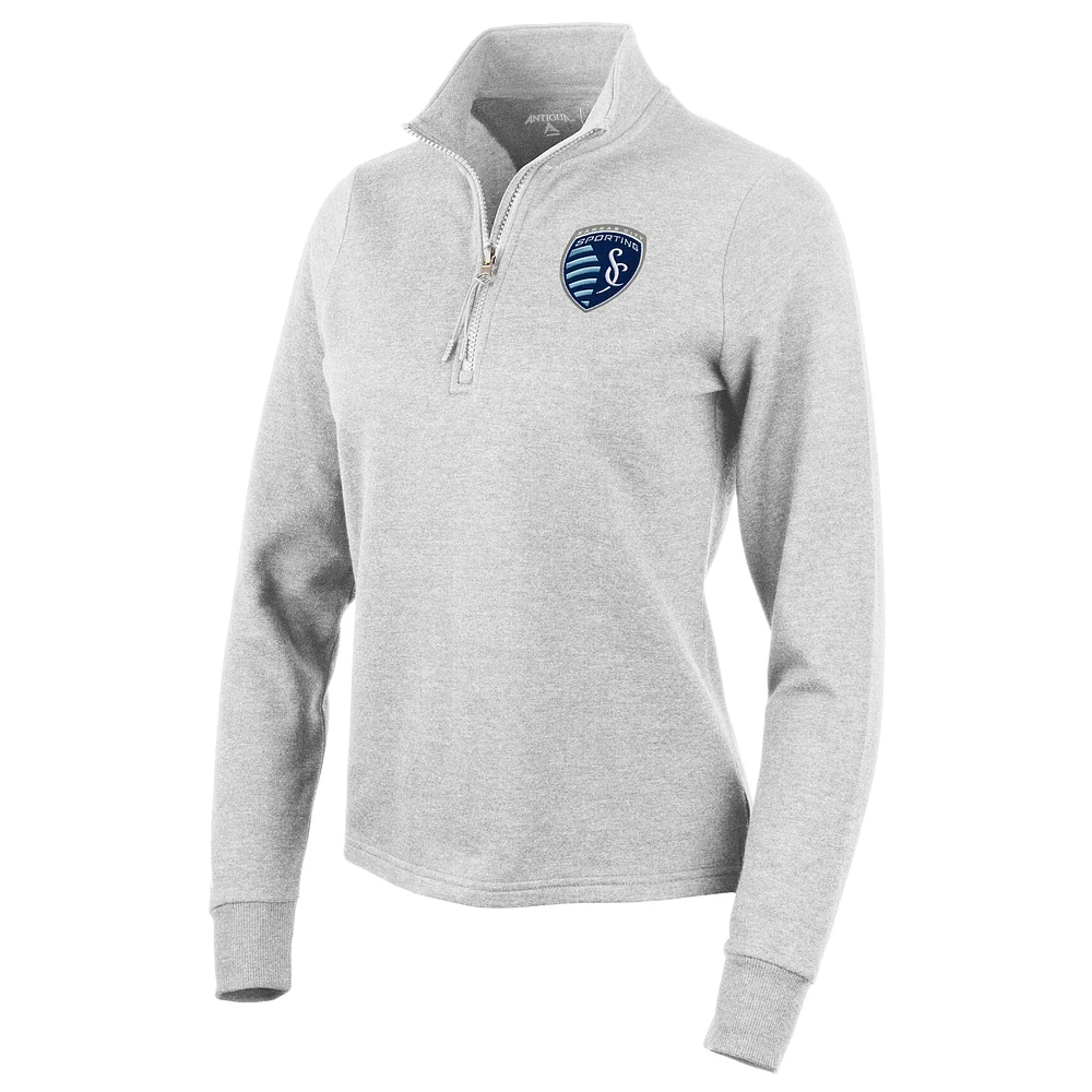 Women's Antigua Heather Gray Sporting Kansas City Logo Action Quarter-Zip Pullover Sweatshirt
