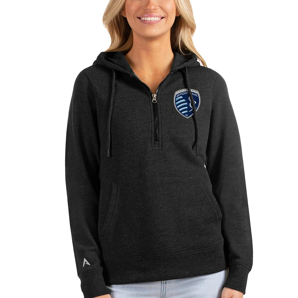 Women's Antigua Heather Black Sporting Kansas City Logo Action Half-Zip Pullover Hoodie