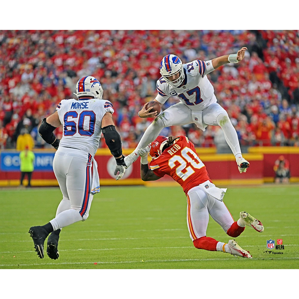 Josh Allen Buffalo Bills Unsigned Hurdles Over a Chiefs Defender Photograph