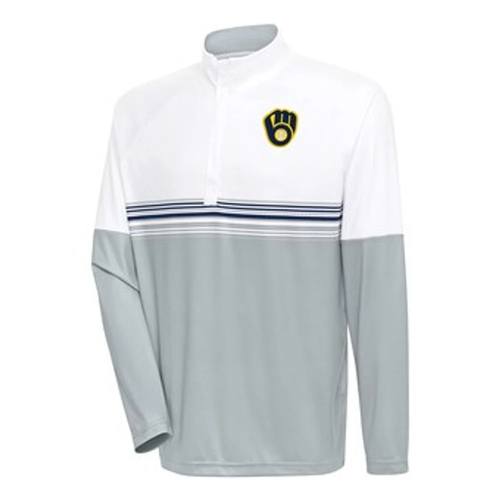 Men's Antigua White/Navy Milwaukee Brewers Bender Quarter-Zip Pullover Top