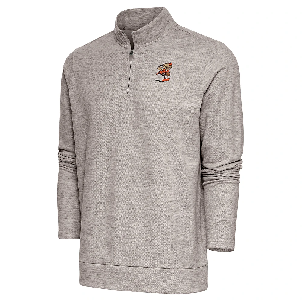 Men's Antigua Oatmeal Cleveland Browns Team Logo Gambit Quarter-Zip Pullover Top
