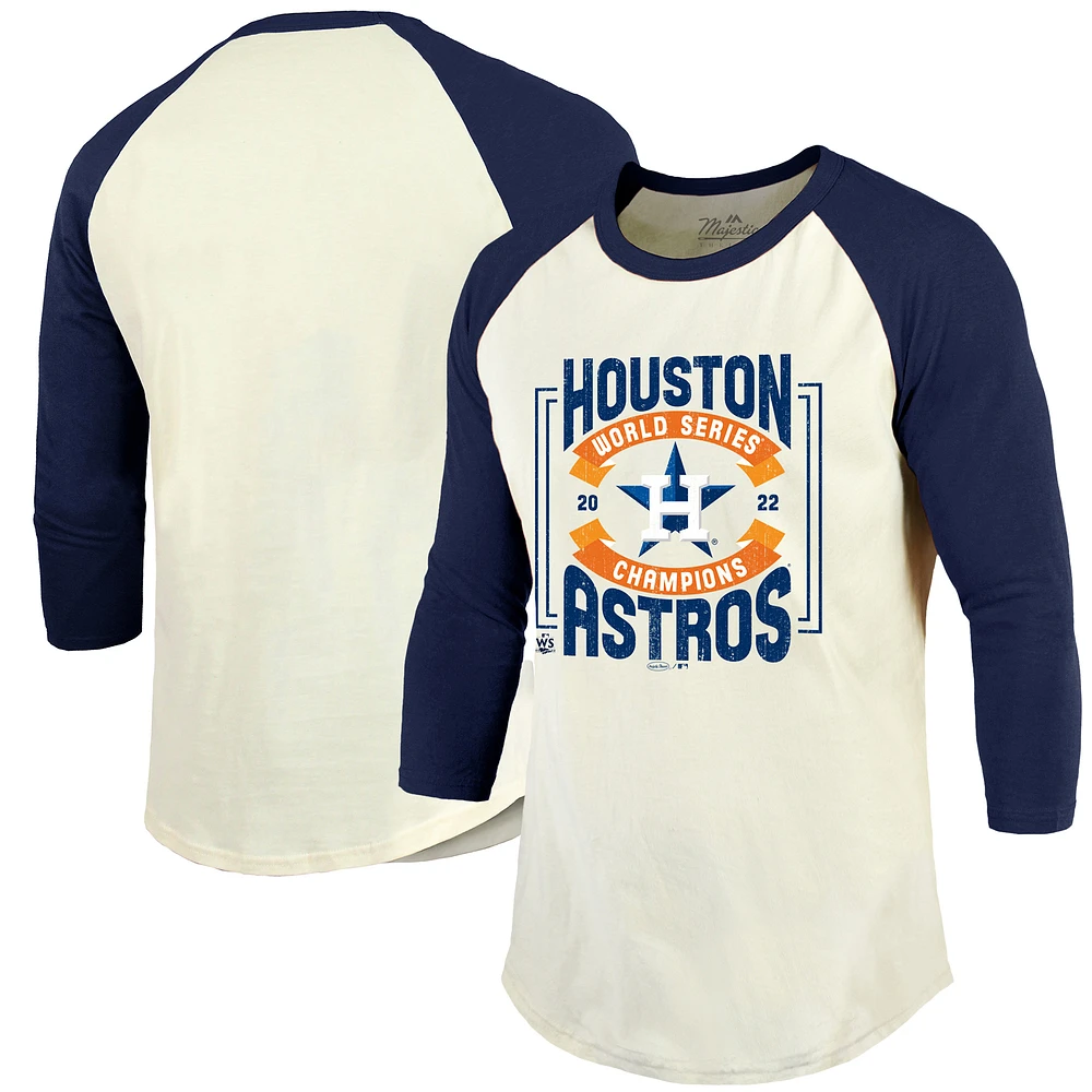 Men's Majestic Threads Cream/Navy Houston Astros 2022 World Series Champions Divide And Conquer Tri-Blend Raglan 3/4-Sleeve T-Shirt