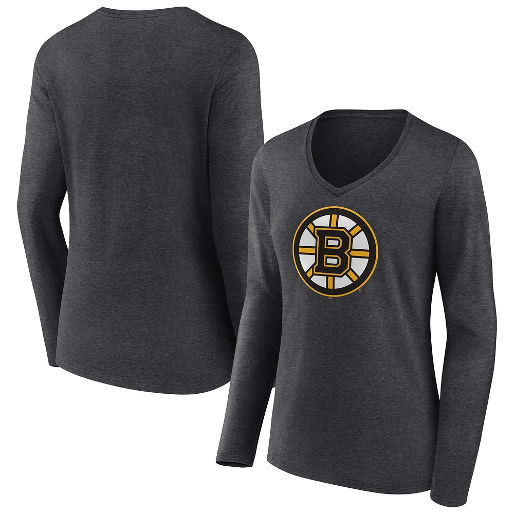 Women's Heather Charcoal Boston Bruins Primary Team Logo Long Sleeve V-Neck T-Shirt
