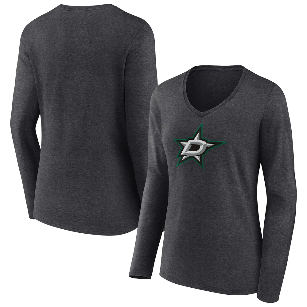 Women's Heather Charcoal Dallas Stars Primary Team Logo Long Sleeve V-Neck T-Shirt