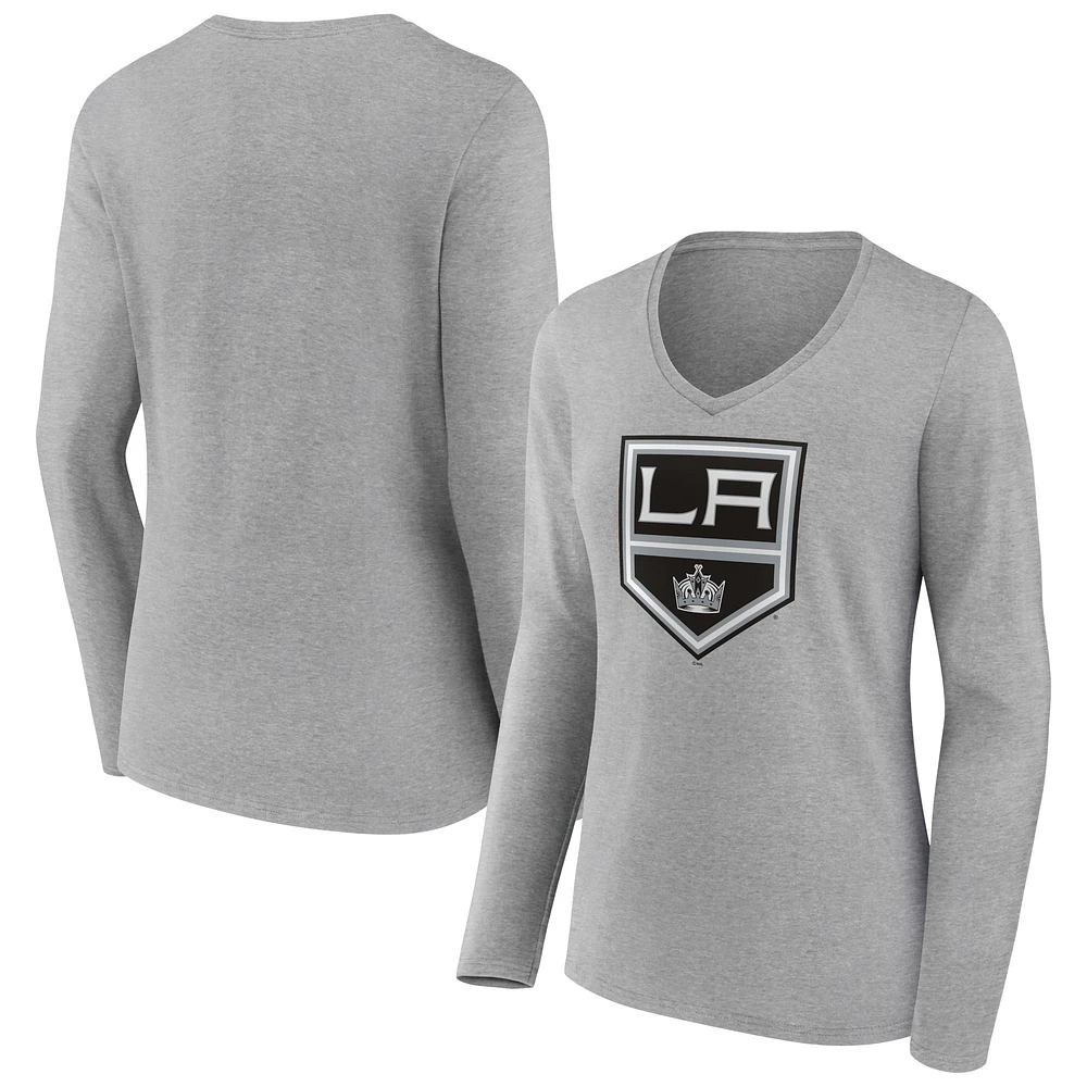 Women's Heather Gray Los Angeles Kings Primary Logo Team Long Sleeve V-Neck T-Shirt