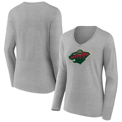 Women's Heather Gray Minnesota Wild Primary Logo Team Long Sleeve V-Neck T-Shirt