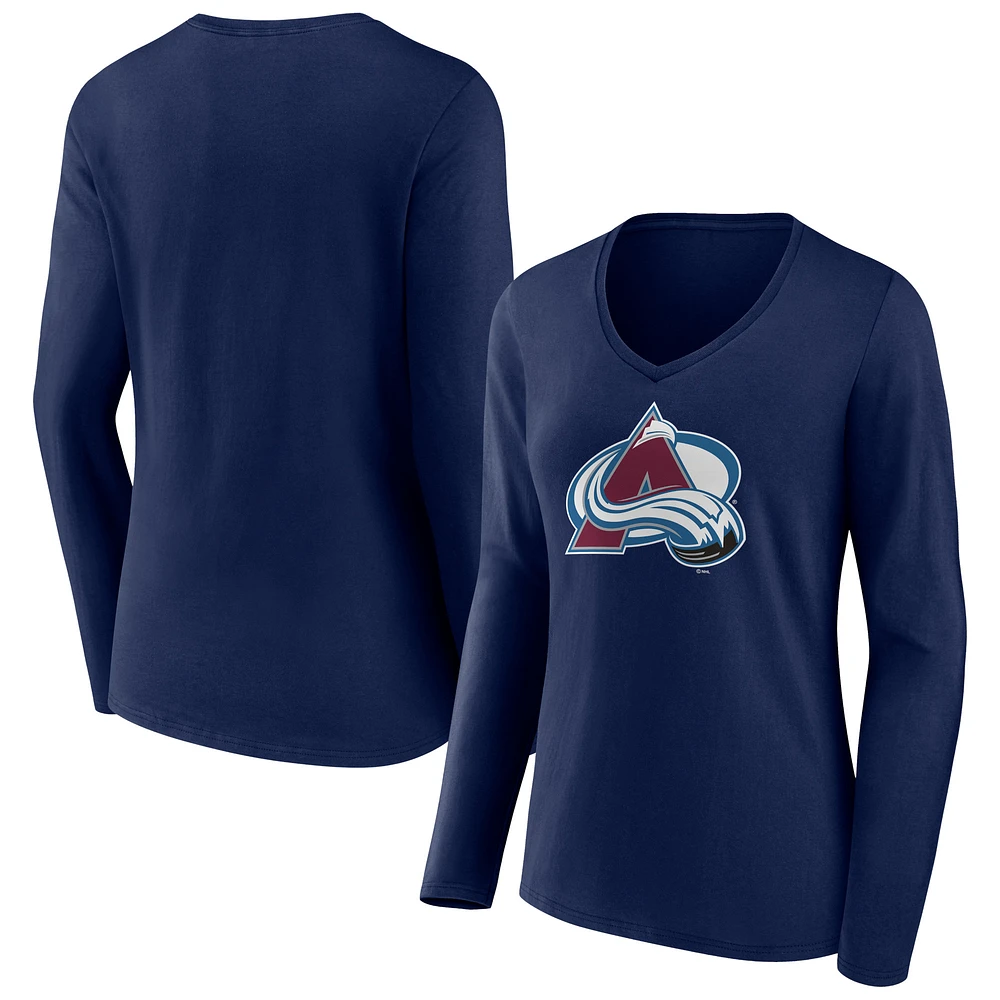 Women's Navy Colorado Avalanche Primary Team Logo Long Sleeve V-Neck T-Shirt