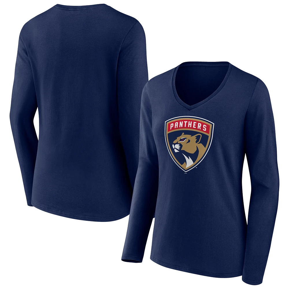 Women's Navy Florida Panthers Primary Team Logo Long Sleeve V-Neck T-Shirt