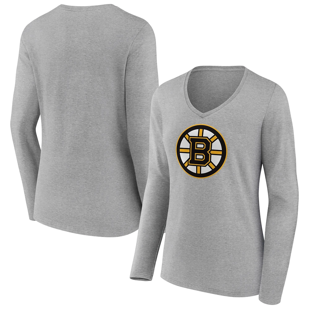 Women's Heather Gray Boston Bruins Primary Logo Team Long Sleeve V-Neck T-Shirt