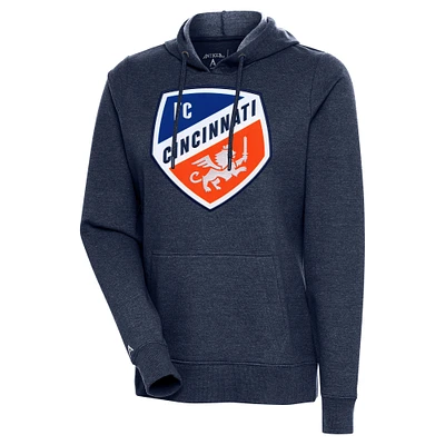 Women's Antigua Heather Navy FC Cincinnati Full Front Action Pullover Hoodie