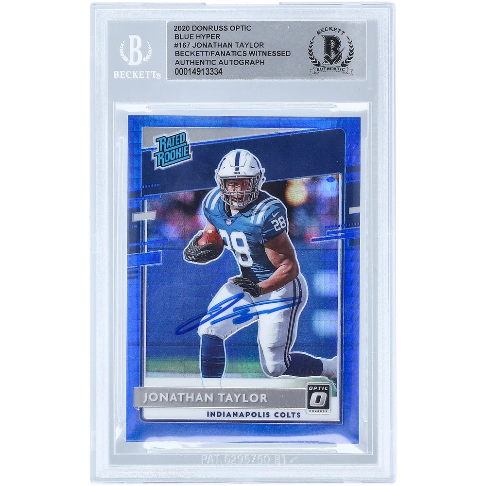 Jonathan Taylor Indianapolis Colts Autographed 2020 Panini Donruss Optic Blue Hyper Prizm #167 Beckett Fanatics Witnessed Authenticated Rookie Card