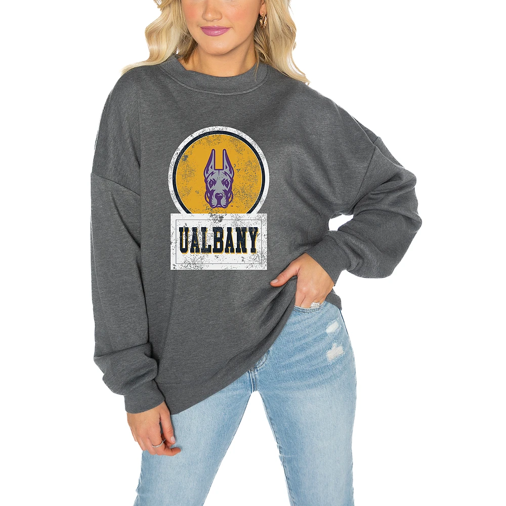 Women's Gameday Couture UAlbany Great Danes Charcoal Oversized Drop Shoulder Fleece Pullover Sweatshirt