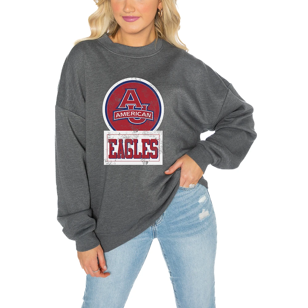 Women's Gameday Couture American University Eagles Charcoal Oversized Drop Shoulder Fleece Pullover Sweatshirt