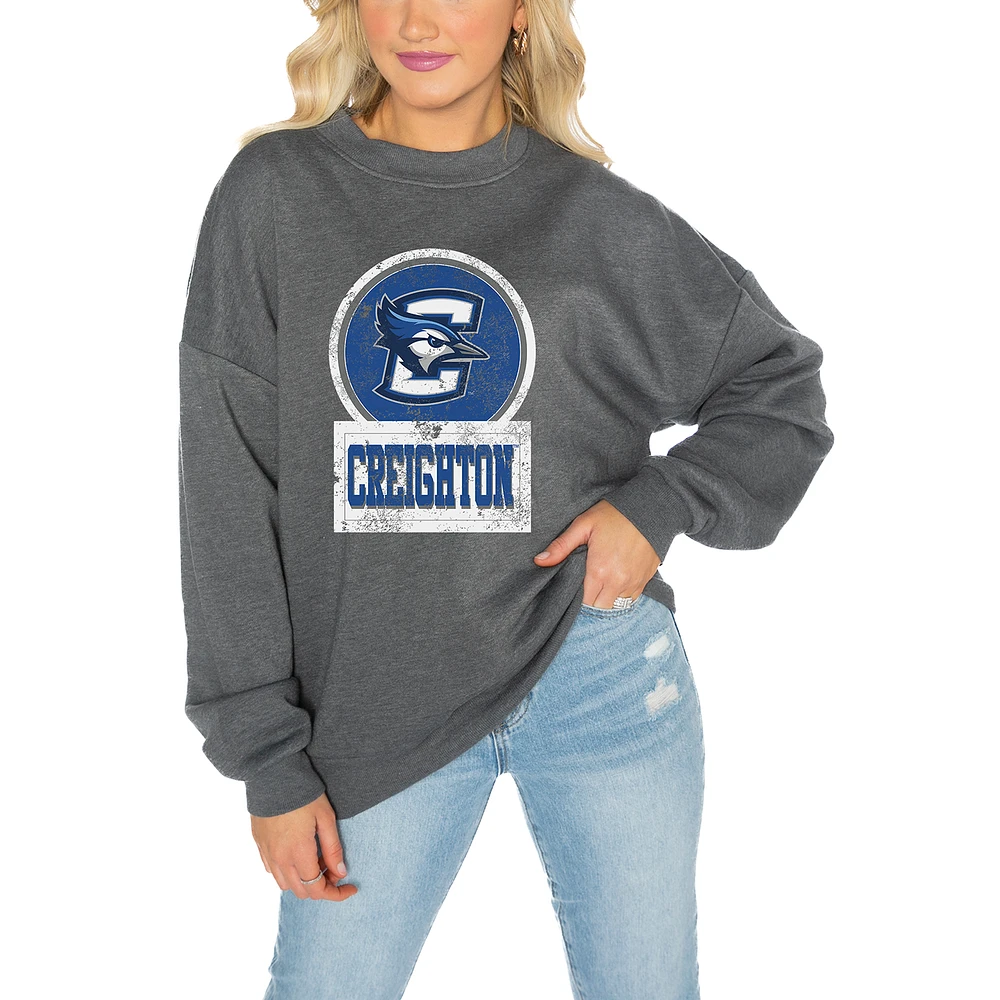 Women's Gameday Couture Creighton Bluejays Charcoal Oversized Drop Shoulder Fleece Pullover Sweatshirt