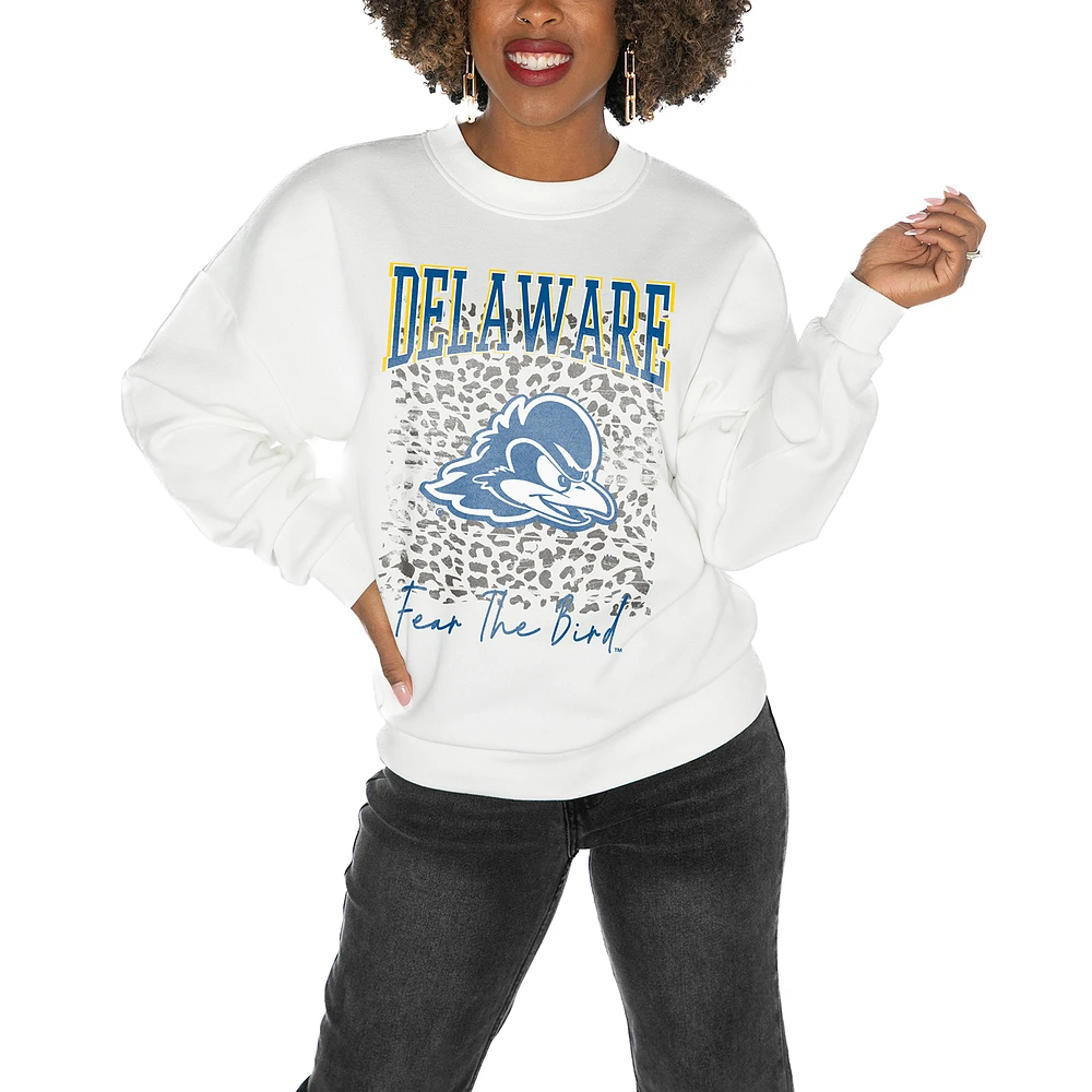 Women's Gameday Couture Delaware Fightin' Blue Hens White Oversized Drop Shoulder Fleece Pullover Sweatshirt