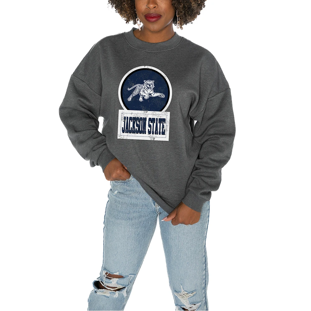 Women's Gameday Couture Jackson State Tigers Charcoal Oversized Drop Shoulder Fleece Pullover Sweatshirt