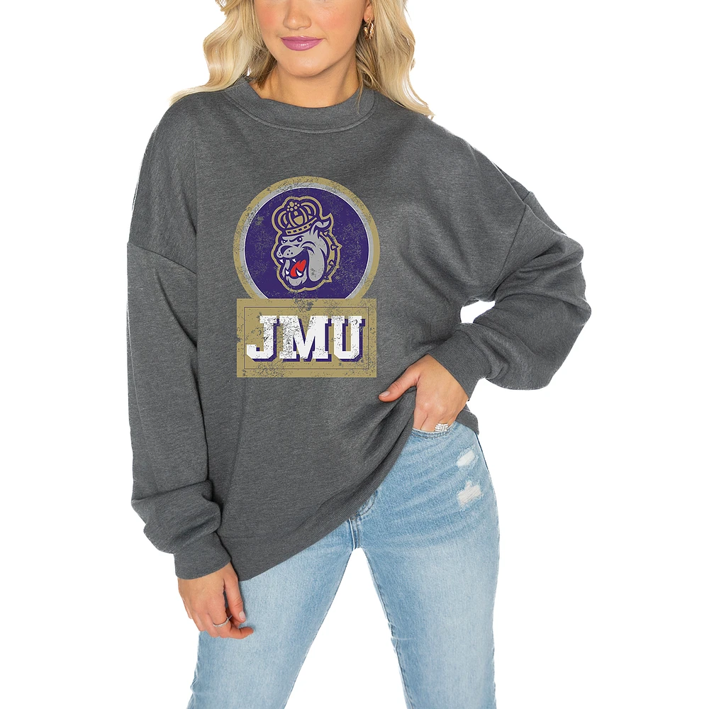 Women's Gameday Couture James Madison Dukes Charcoal Oversized Drop Shoulder Fleece Pullover Sweatshirt