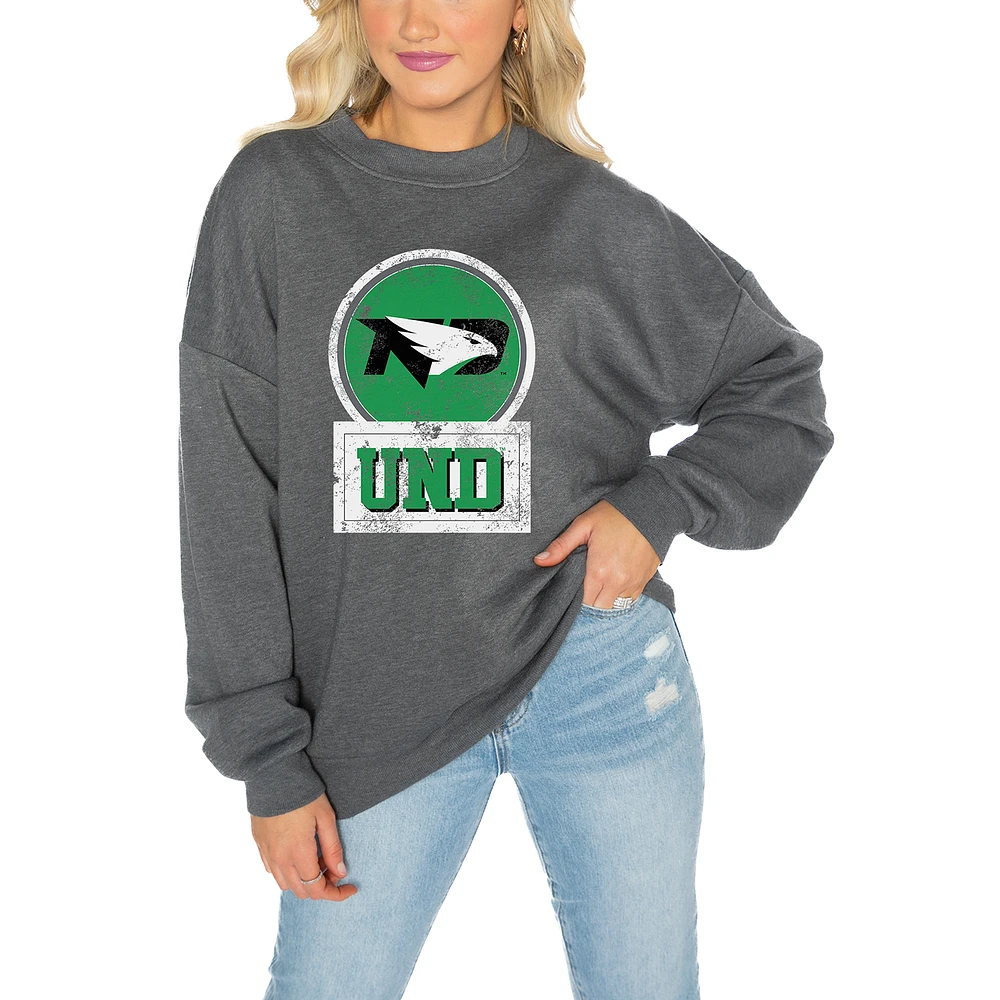 Women's Gameday Couture North Dakota Charcoal Oversized Drop Shoulder Fleece Pullover Sweatshirt