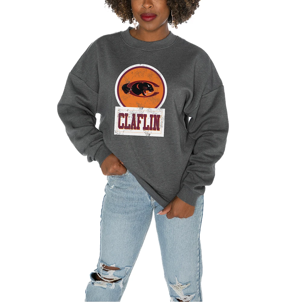 Women's Gameday Couture Claflin Panthers Charcoal Oversized Drop Shoulder Fleece Pullover Sweatshirt