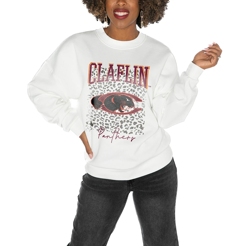 Women's Gameday Couture Claflin Panthers White Oversized Drop Shoulder Fleece Pullover Sweatshirt